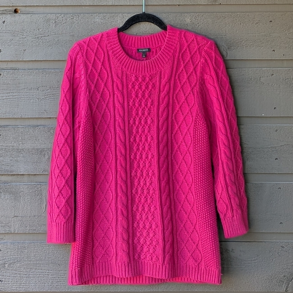 Talbots Magenta Pink Cable Knit Crew Neck Sweater Size Large Cotton Wool